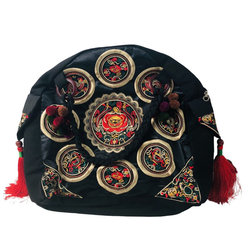 Black Embroidered Bag Asian Bright Colors Medallions Tassles 3 Pockets 15x15